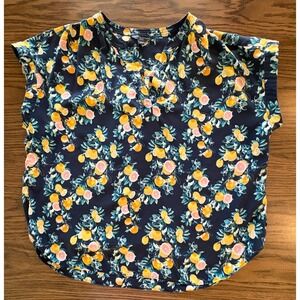 Banana Republic Silk Blouse Women Large Navy Blue Citrus Fruit Print Excellent